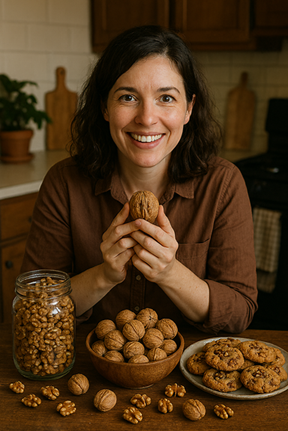 realistic portrait of a 30-year-old blog author surrounded by freshly baked cookies filled with walnuts, capturing a warm, creative workspace with subtle hints of walnut obsession